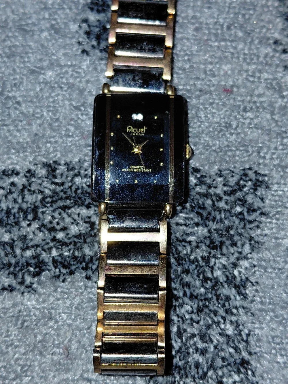 Vintage Acuet Japan Quartz Tank Watch Black Gold Two Tone Art Deco Y2K CC